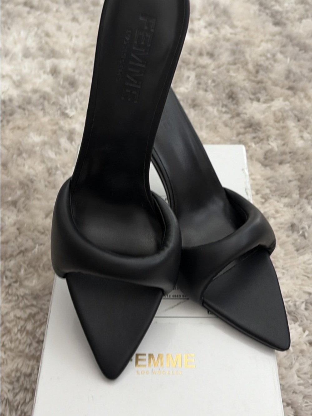 La Femme Black Pointed Toe Slide Heels with Padded Strap Detail